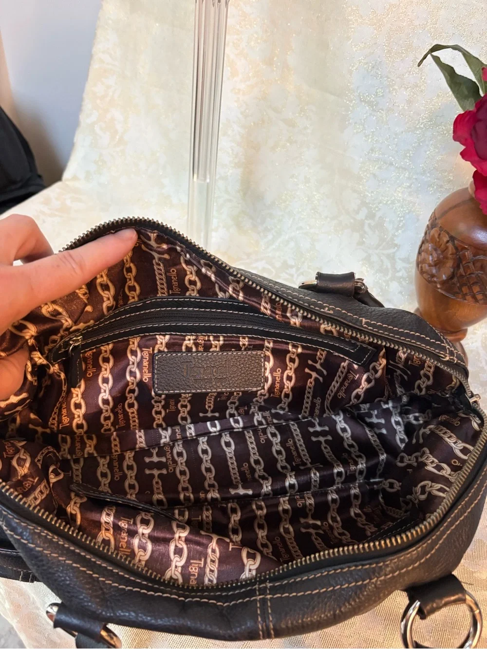 Tignanello Black Pebbled Leather Shoulder Bag with Silver Hardware